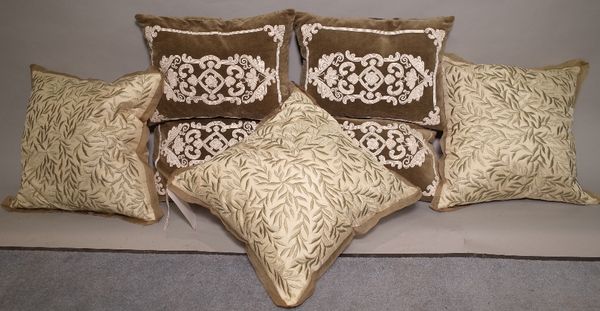 A group of seven 20th century scatter cushions, to include a set of four and three others, the largest 40cm wide x 40cm high, (7).