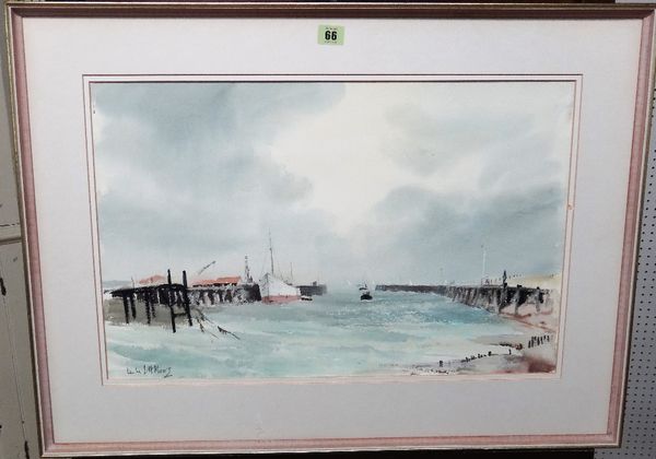 Leslie Moors (20th century), Harbour scene, watercolour, signed, 36.5cm x 58cm; together with a pastel landscape signed R.W.G. Coombs, (2).