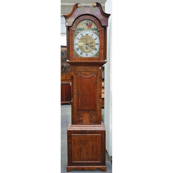 Allitt, Bradford, an oak longcase clock, 19th century, the painted tin dial with subsidiary seconds dial and two train movement, over a waisted case,