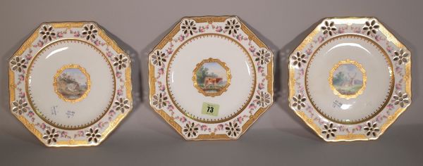 Three Minton porcelain octagonal plates, 1870s, each painted in the centre with cow, a deer or a sheep, probably by Henry Mitchell, the border painted