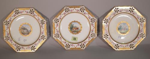 Three Minton porcelain octagonal plates, 1870s, each painted in the centre with cow, a deer or a sheep, probably by Henry Mitchell, the border painted