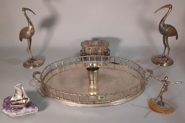 SIlver plated wares including a 20th century twin handled galleried tray, 59cm wide, a pair of flamingos on circular base, 32cm high, a Continental si