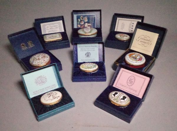 A group of eight 'Halcyon Days' enamel trinket boxes, boxed, (8).