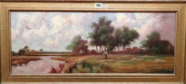 Jack M. Ducker (fl.1910-1930), A Haymaker by a river; Sheep and shepherdess in a landscape, a pair, oil on board, both signed and dated 1933, each 28c