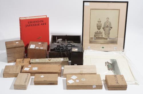 Collectables, including; a quantity of Asian wooden boxes, a photo of a Japanese man, an art reference book and two paintings of junks on rice paper.
