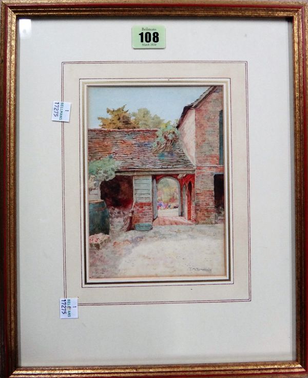 Thomas Nicholson Tyndale (1860-1930), A cottage yard, watercolour, signed, 17.5cm x 12.5cm.; together with a watercolour harbour view by J. Heseldine.