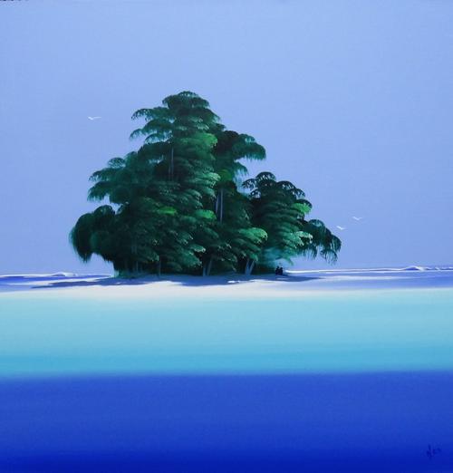 H** (contemporary), Desert Island, oil on canvas, signed with initials, unframed, 75.5cm x 75.5cm.