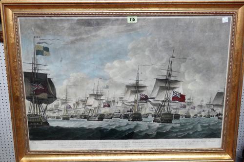 After Robert Dodd (1748-1816), View of the British Fleet bearing down to attack the Dutch Fleet, aquatint with hand colouring, and its companion, each