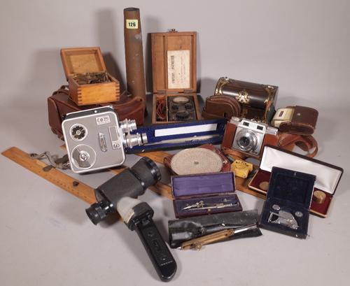 Collectables, including; a 19th century brass mounted domed box, 16cm wide x 11cm high, a camera, scientific instruments and sundry, (qty).