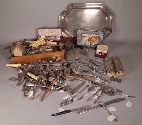 Silver plated wares, including a quantity of mixed silver plated flatware, a dressing table set, trays and sundry.
