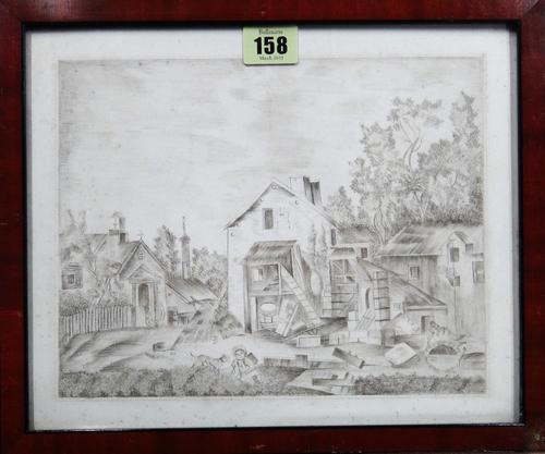 Continental school (19th century), Figures by a drawbridge; Child and dog near a mill, a pair, pencil, each approx 19cm x 23.5cm (2).