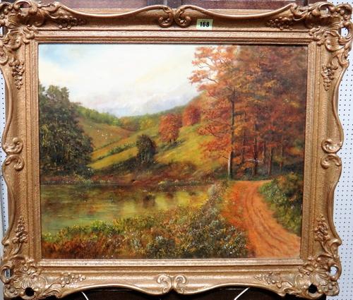 J** F** Jordan (20th century), Swanbourne Lake, Arundel, oil on canvas board, inscribed on printed label to reverse, 44.5cm x 54cm.