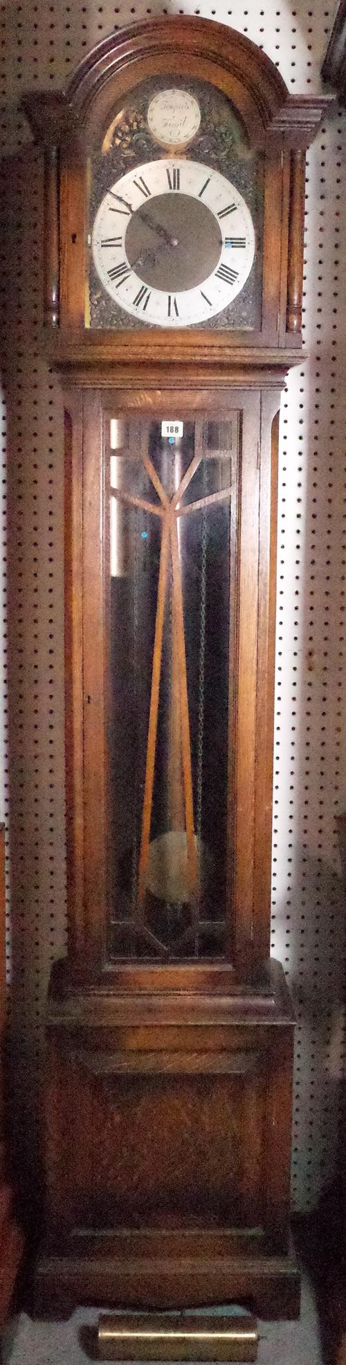 'Tempus Fugit', A 20th century oak cased longcase clock, 44cm wide x 197cm high, one pendulum, three weights.