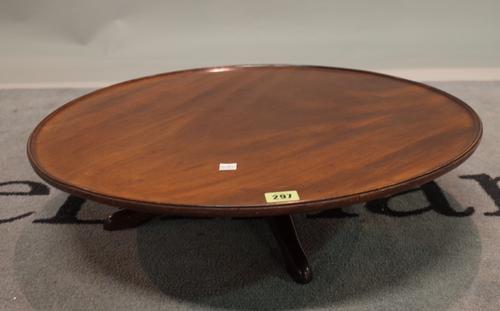 A 19th century and later mahogany lazy Susan with circular dished top on pad feet, 58cm dia x 14cm high.