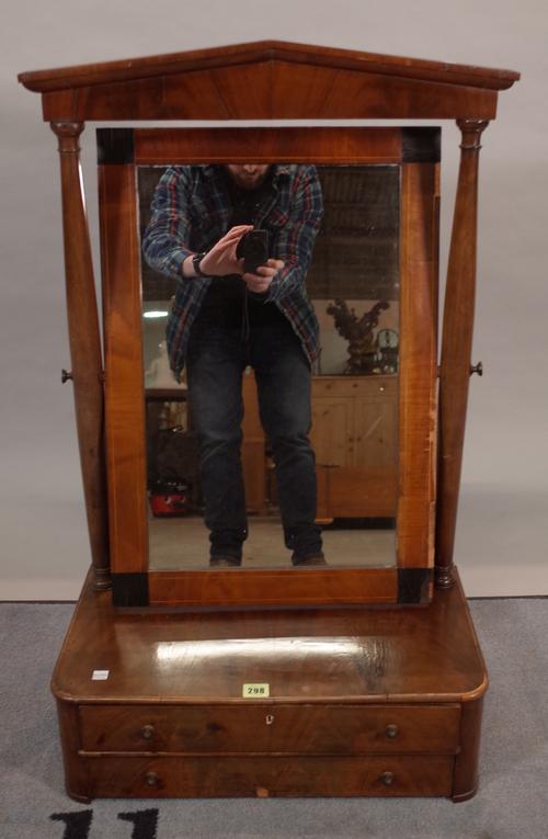 A late Victorian walnut toilet mirror with two drawer base on bracket feet, 54cm wide x 90cm high