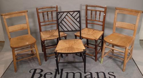 A pair of early 20th century beech and elm chapel chairs, 42cm wide x 80cm high, a pair of 19th century ash and elm spindle back side chairs, 43cm wid