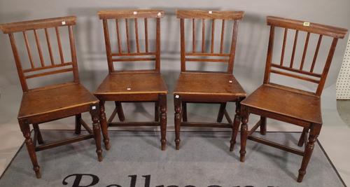 A set of five early 20th century stick back elm dining chairs, 46cm wide x 86cm high, (5).
