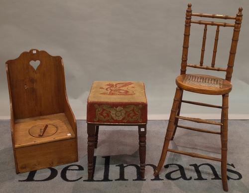 A 19th century simulated bamboo correction chair, 31cm wide x 93cm high, an 18th century and later mahogany footstool, 30cm wide x 48cm high, and an e