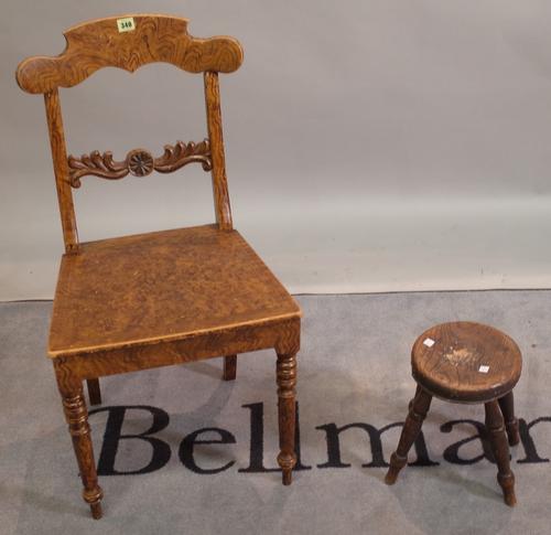A late Victorian scumble painted bar back dining chair on ring turned supports, 46cm wide x 87cm high, and a 19th century elm circular stool on turned