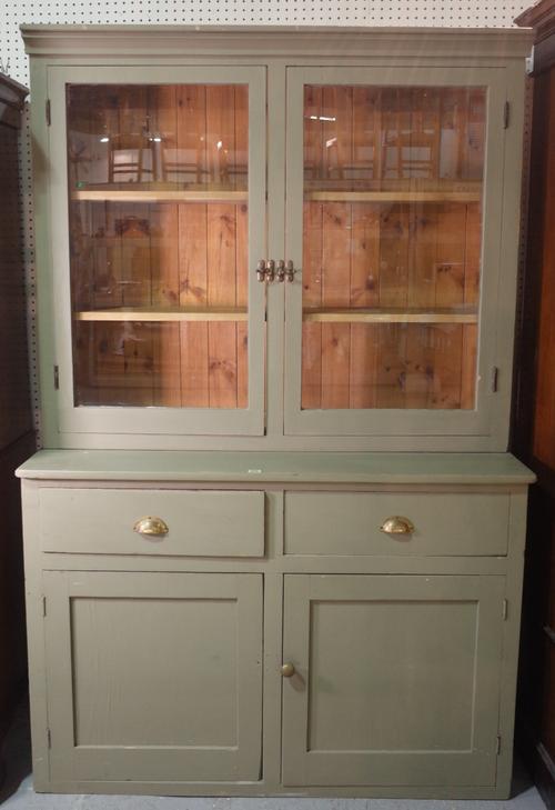 A 20th century grey painted kitchen dresser with two door glazed top over two door cupboard base, 133cm wide x 210cm high.
