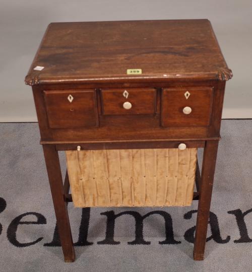 A William IV mahogany work table with three frieze drawers on block supports, 46cm wide x 65cm high.