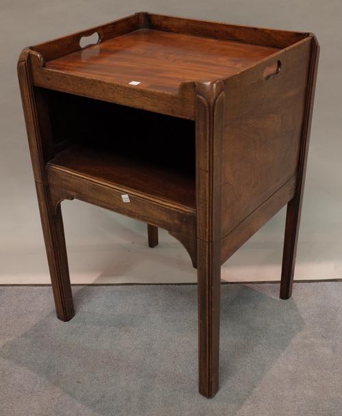 A George III style mahogany open bedside table with galleried top, 47cm wide x 72cm high.
