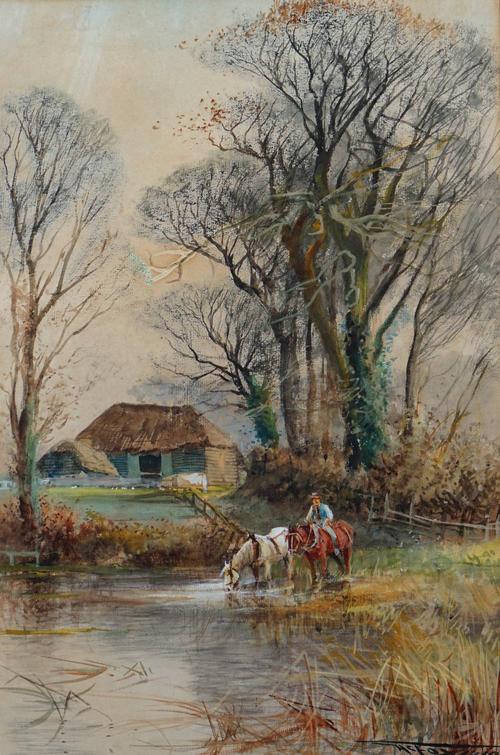 Henry Charles Fox (British, 1855-1929), At the Pool, signed and dated 'H C Fox 1910' (lower right), watercolour, 55 x 36.5cm