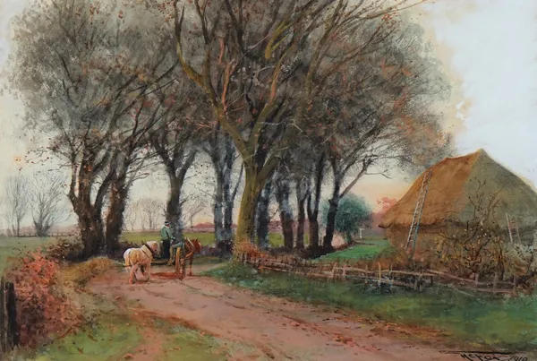 Henry Charles Fox (British, 1855-1929), Horse and cart passing a hayrick, signed and dated 'H C Fox 1910' (lower right), watercolour, 37.5 x 55.5cm