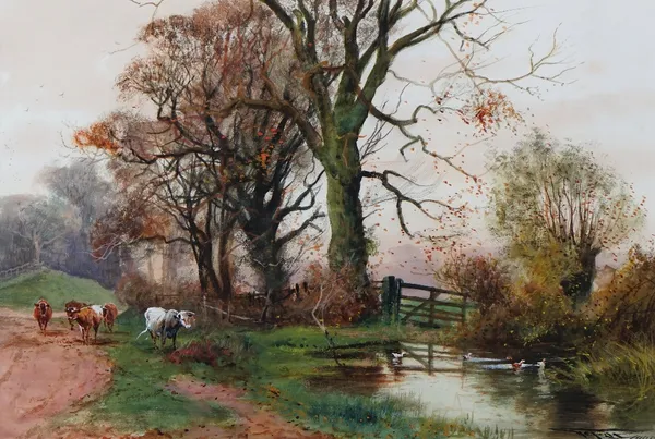 Henry Charles Fox (British, 1855-1929), Cattle near a pool, signed and dated 'H C Fox 1909' (lower right), watercolour, 36 x 53cm