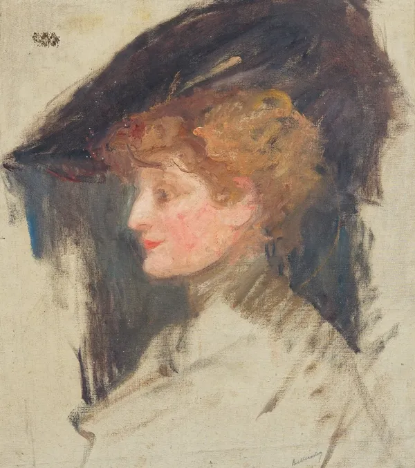 Follower of Albert de Belleroche, Profile of a lady wearing a hat, bears signature (lower right), oil on canvas, 52 x 47cm