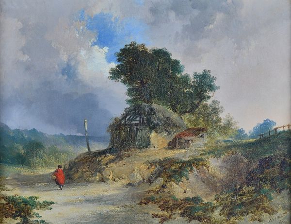 Edmund John Niemann (British, 1813-1876), A woman in a red cloak on a country lane, signed and dated 'Niemann 46' (lower right), oil on canvas, 34 x 4