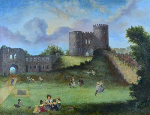 S Sloman (British, 19th Century), Men, women and children at leisure in the grounds of a castle ruin, signed 'S Sloman' (lower right), oil on canvas,