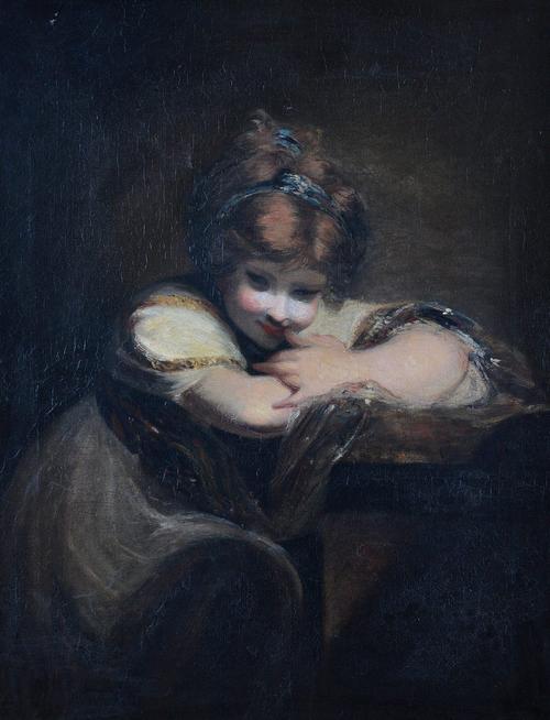 After Joshua Reynolds, Girl Leaning on a Pedestal, oil on canvas, 89 x 68cm.