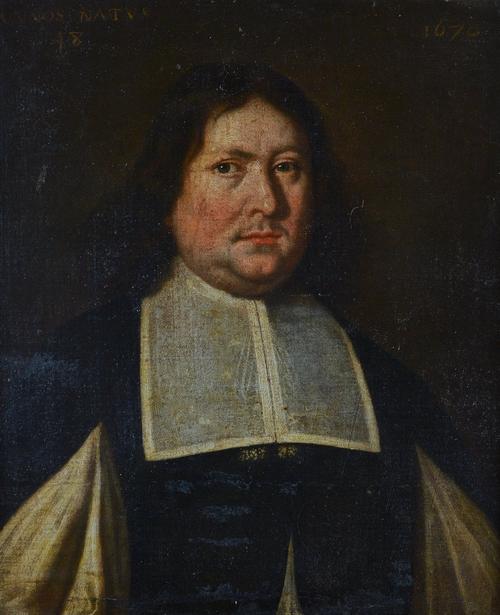 Dutch School, late 17th Century, Portrait of a gentleman wearing a white collar, dated '1670' (upper right) and inscribed 'Annos Natvs 48' (upper left