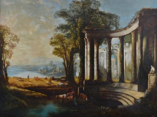 Follower of John Joseph Barker of Bath, 19th Century, Figures and cattle in a classical landscape with ruins, oil on canvas, 80 x 106cm.