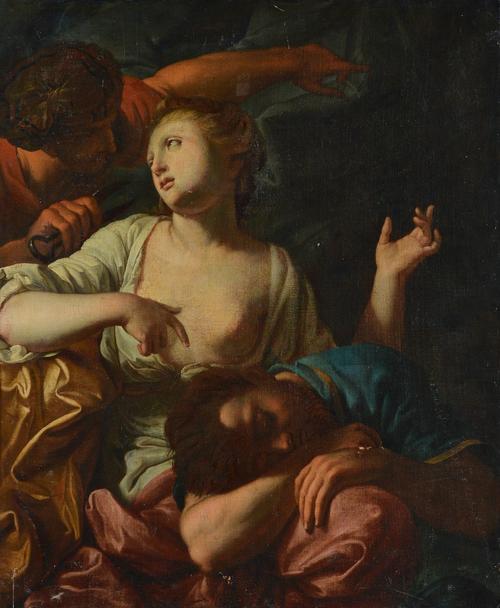 After Antoine Rivalz, Samson and Delilah, bears label (verso), oil on canvas, 73 x 60cm.