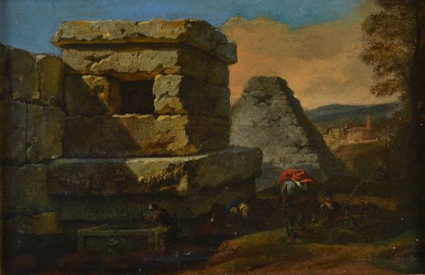 Attributed to Pieter van Bloemen (Antwerp 1657-1720), Travellers resting beside ruins in a landscape, oil on canvas, 18 x 27cm.