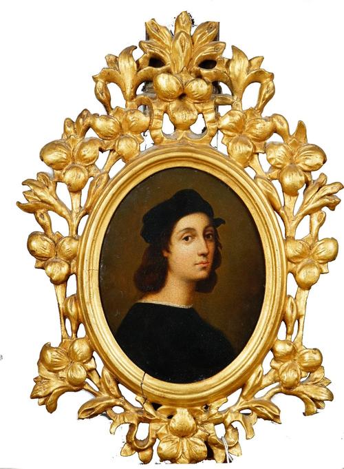 After Raphael, Self Portrait, oil on board, oval, 20.5cm x 16cm.; in a carved and pierced giltwood frame.