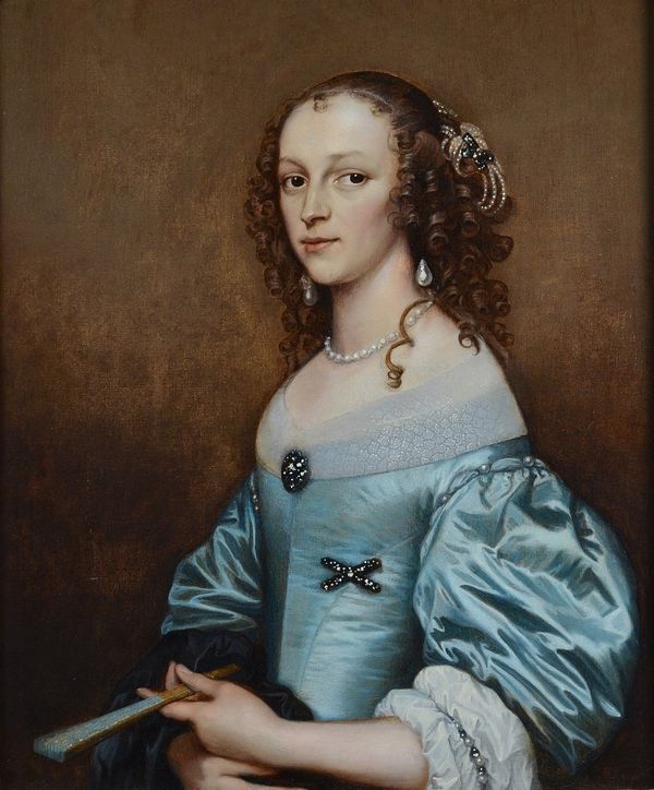 Adriaen Hanneman (The Hague c. 1601-1671), Portrait of a lady in a blue dress holding a fan, bears Historical Portraits label (verso), oil on canvas,