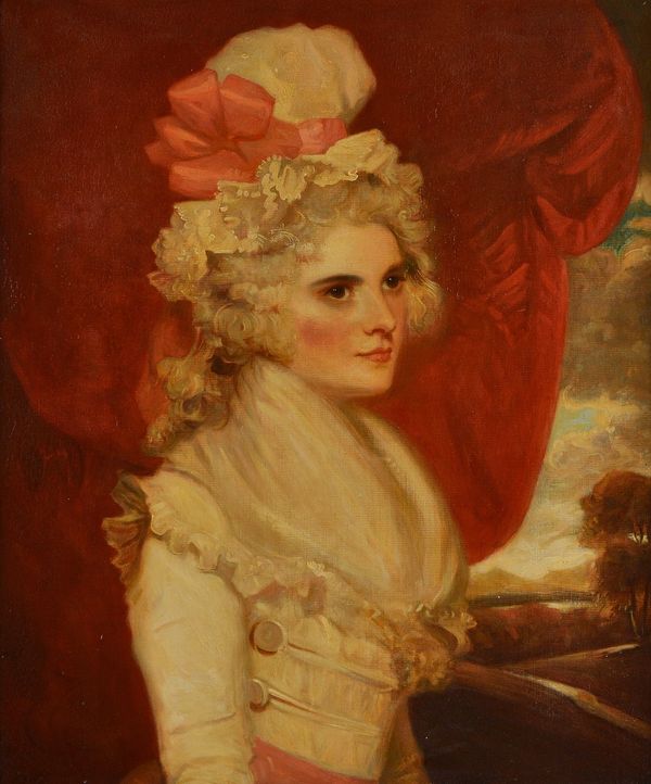 Follower of John Hoppner, Portrait of Judith Beresford in a white dress with red ribbon, oil on canvas, 74 x 61cm.