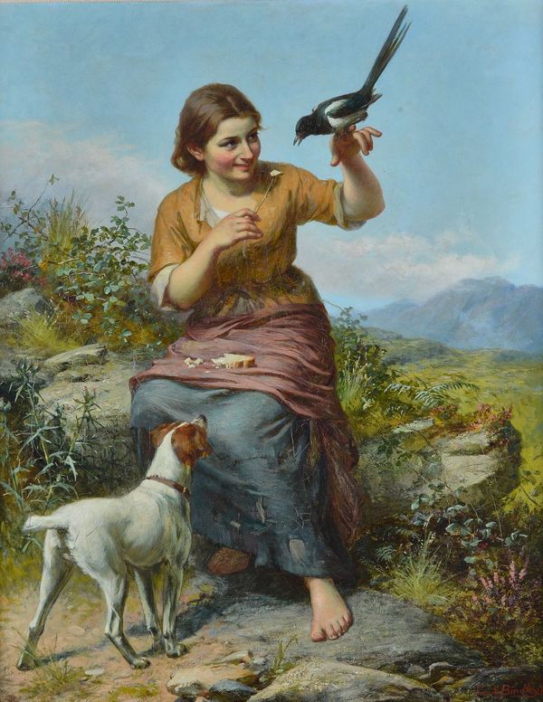 Frank Bindley (British, fl. 1878-1883), The Magpie, signed and dated 'Frank Bindley 80' (lower right), oil on canvas, 90 x 70cm.