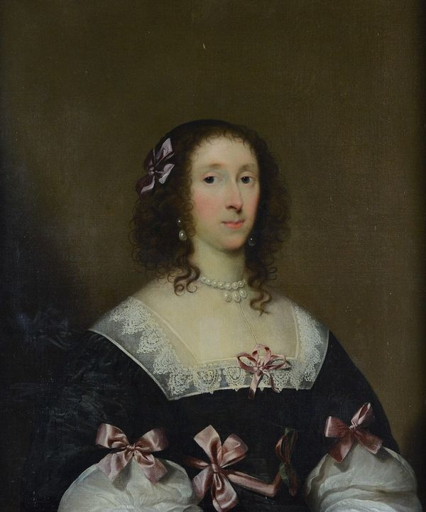 Cornelius Janssens van Ceulen (London 1593-1664 Utrecht), Portrait of Elizabeth Penyston wearing a black dress with pink ribbons, initialled and dated