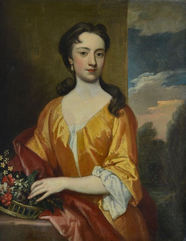 Follower of Sir Godfrey Kneller, Portrait of a lady in a yellow dress with a basket of flowers, bears signature, oil on canvas, 90 x 70cm.