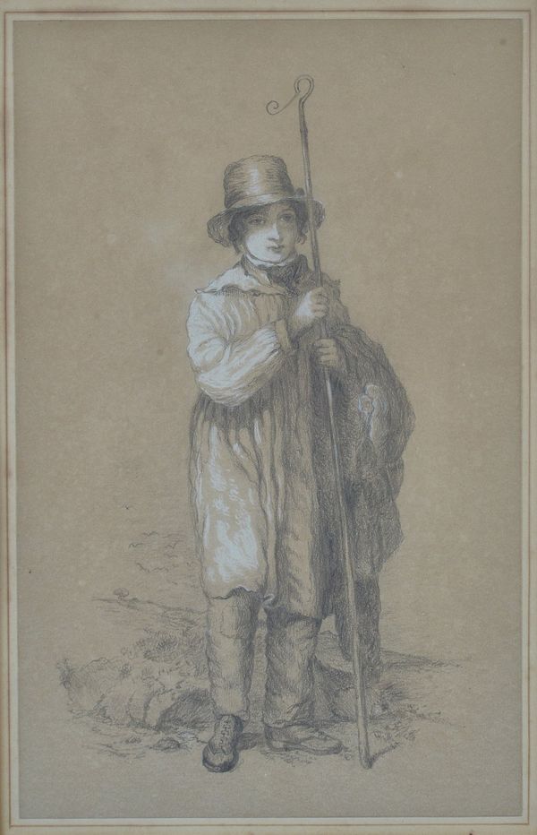 English School, late 18th/early 19th Century, A shepherd holding a staff, pencil heightened with white, 40 x 25cm.