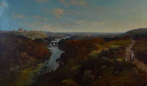 Edward H Niemann (British, fl. 1863-1867), A view of Richmond Castle and the River Swale, with a mother and child on a path in the foreground, signed