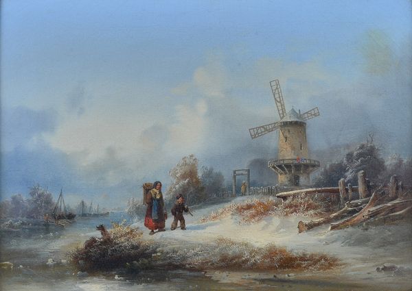 Eduard Schmidt (German 1806-1862), Figures by a Windmill in Winter, signed 'E Schmidt' (lower right), oil on canvas, 40.5 x 56cm