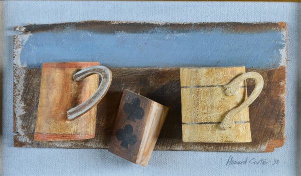 Howard Carter (British, 20th Century), After Ben Nicholson, Two Mugs and a Playing Card, signed and dated 'Howard Carter 98' (lower right) and bears l