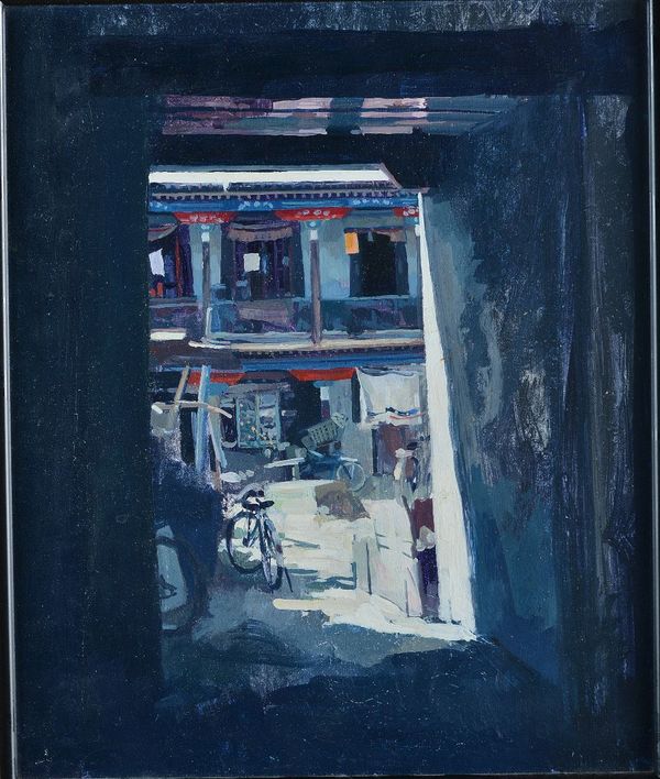 Hector McDonnell (Irish, b. 1947), Courtyard in Lhasa I, 1987, bears Fischer Fine Art label (verso), oil on board, 30 x 24.5cmARR