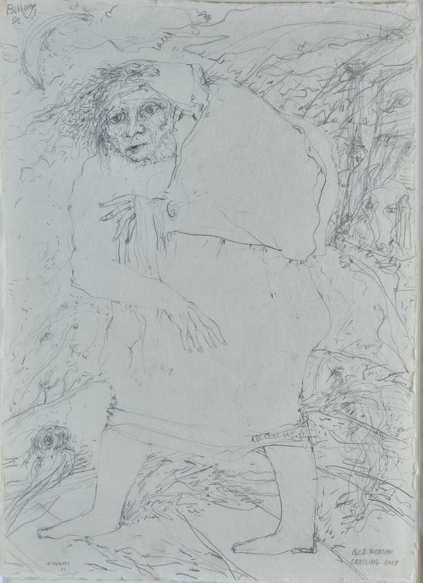 John Bellany (British, 1942-2013), Old Woman Crossing Over, Hungary, signed and dated 'Bellany 92' (upper left) and inscribed with title, pencil, 76 x