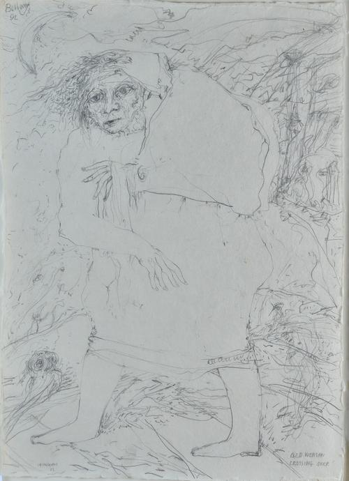 John Bellany (British, 1942-2013), Old Woman Crossing Over, Hungary, signed and dated 'Bellany 92' (upper left) and inscribed with title, pencil, 76 x